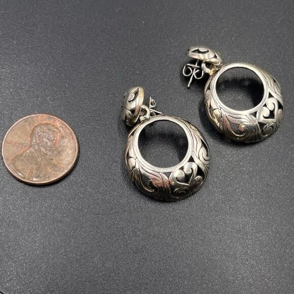 Vintage Sterling Silver 925 Pierced Post Hoops Cut Out Scroll Work Earrings - Picture 2 of 8